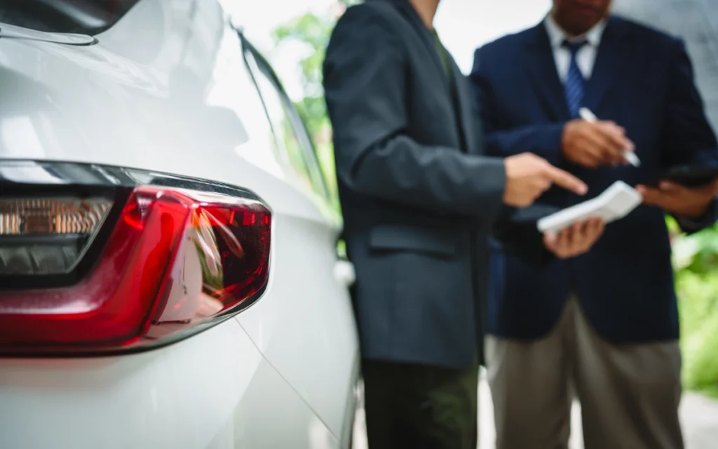 Two men with paperwork beside a new car